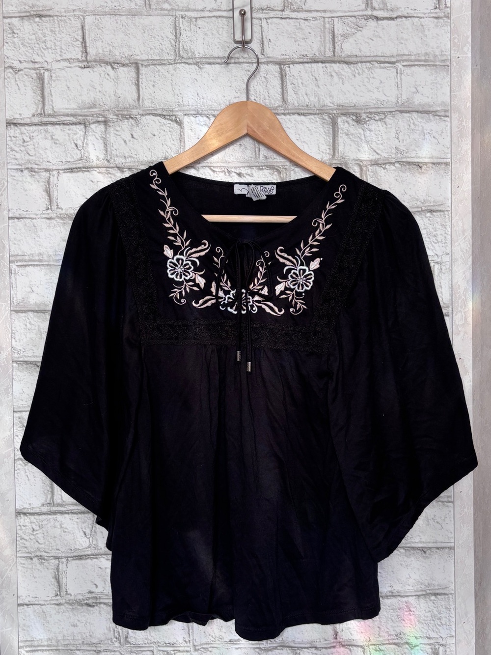 RXB Black Peasant Tunic with Cream Floral Embroidery